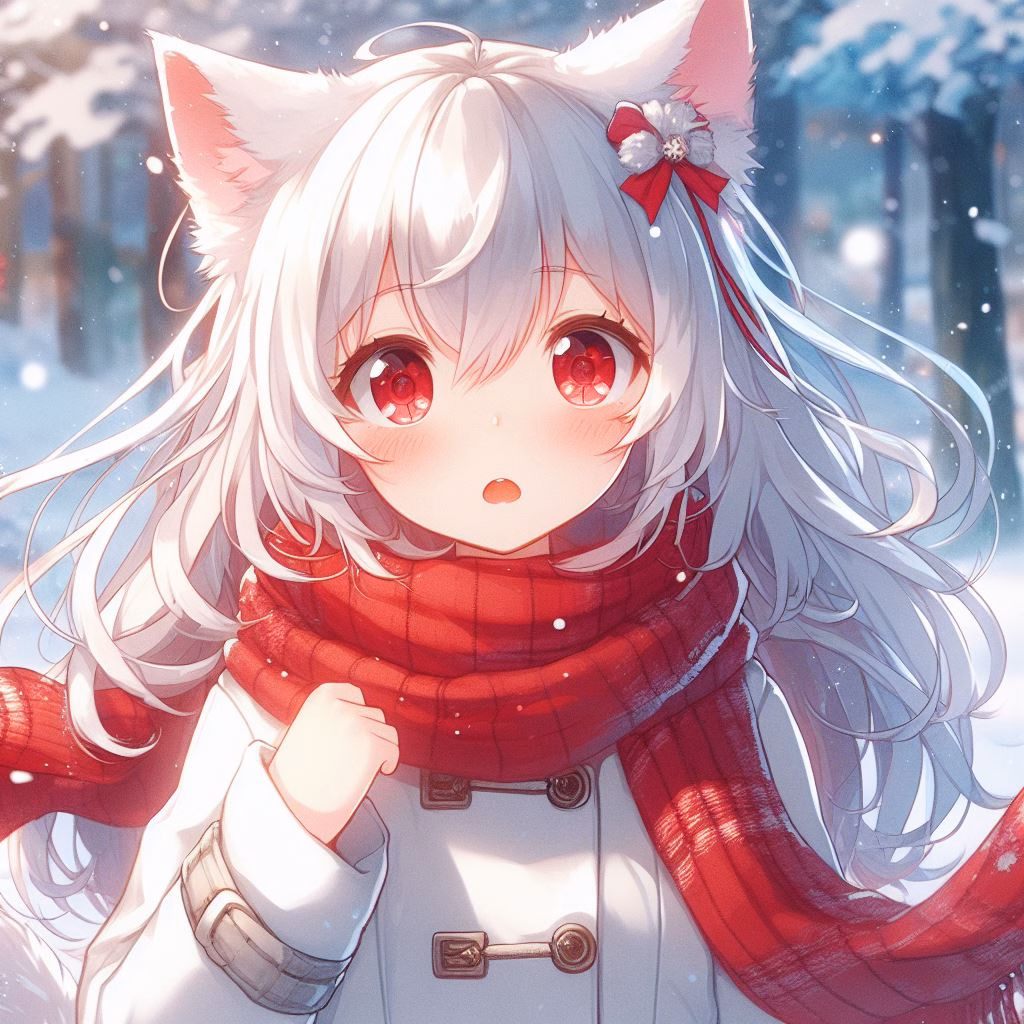 This is an anime-style illustration of a young girl with white hair, red eyes, and a red scarf, standing in a snowy forest.  (Captioned by AI)